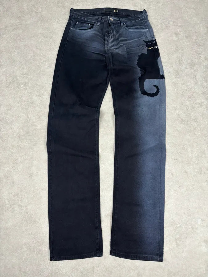 2000s Cavalli Archive Cat Navy Gradient Denim Jeans fcqFrGE 0
