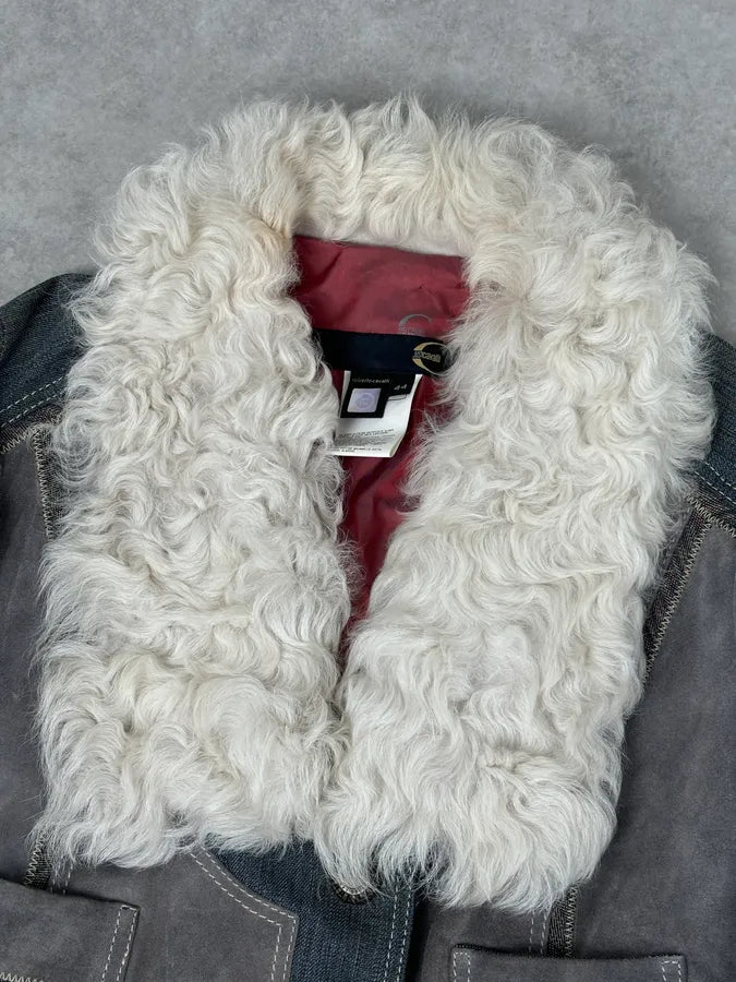 AW2005 Cavalli Mongolian Fur Grey Leather & Blue Denim Jacket nMcLLMh 4
