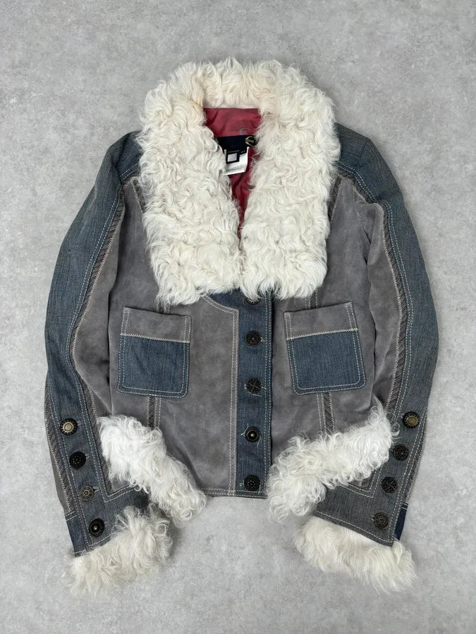 AW2005 Cavalli Mongolian Fur Grey Leather & Blue Denim Jacket nMcLLMh 0