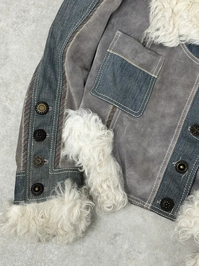AW2005 Cavalli Mongolian Fur Grey Leather & Blue Denim Jacket nMcLLMh 8