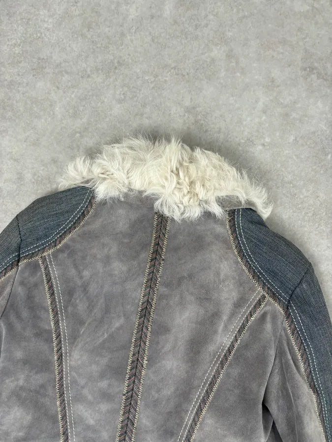 AW2005 Cavalli Mongolian Fur Grey Leather & Blue Denim Jacket nMcLLMh 6