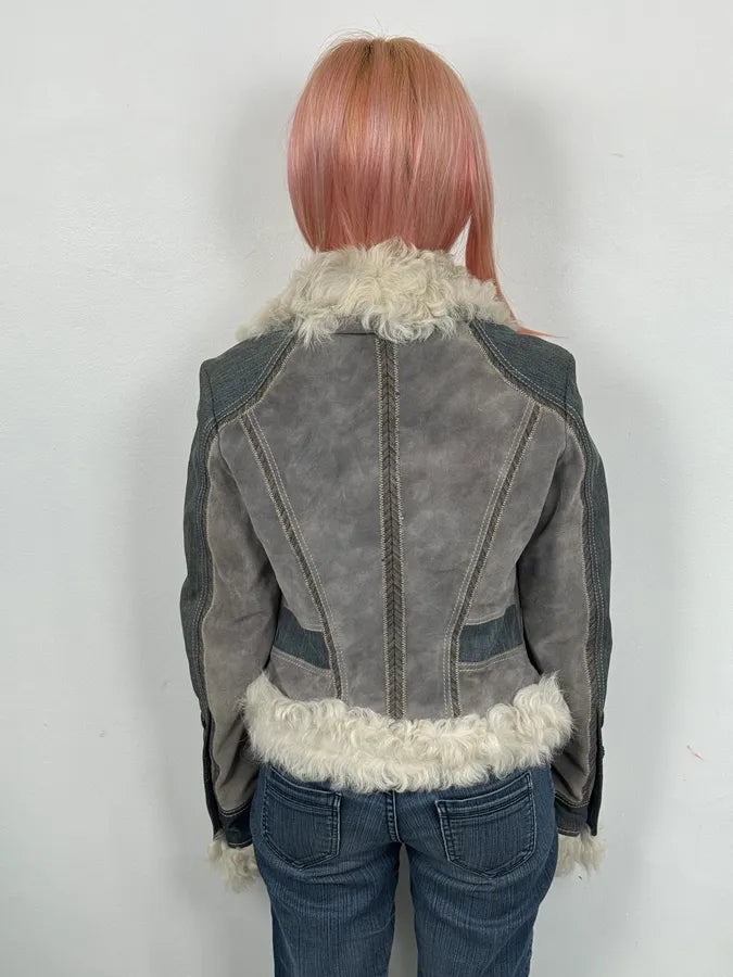AW2005 Cavalli Mongolian Fur Grey Leather & Blue Denim Jacket nMcLLMh 3