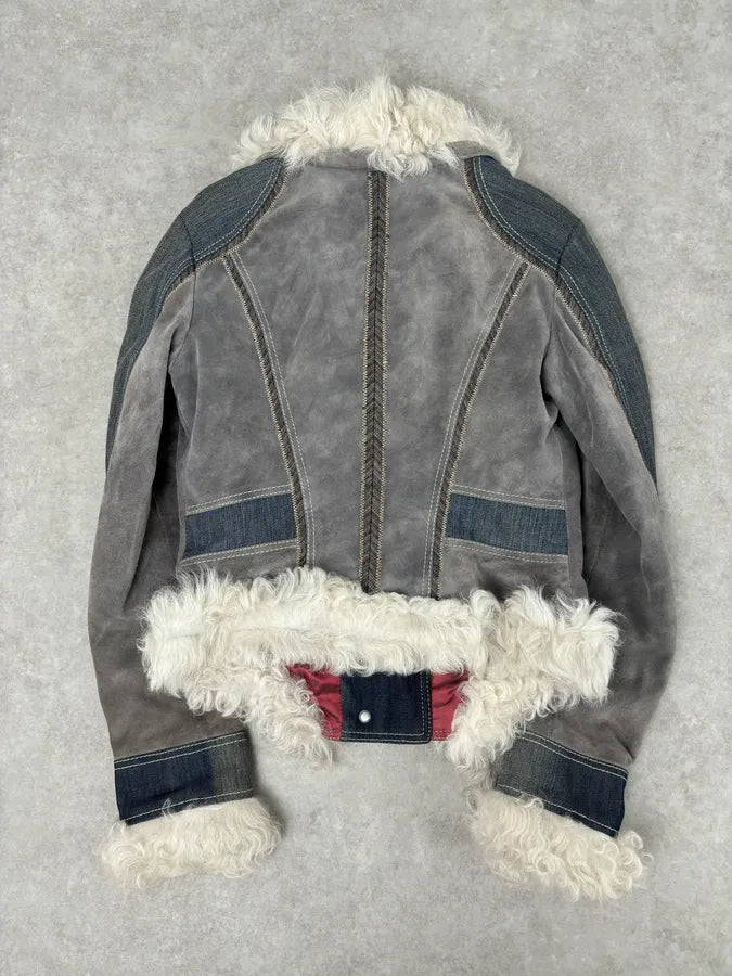 AW2005 Cavalli Mongolian Fur Grey Leather & Blue Denim Jacket nMcLLMh 5