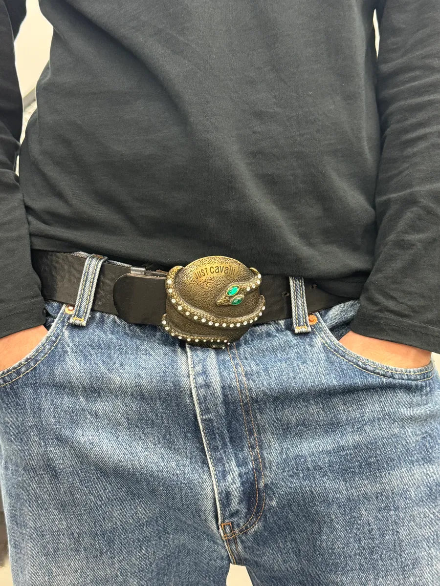 Cavalli Snake Turquoise Stones Buckle Black Leather Belt JLnwkLv 1