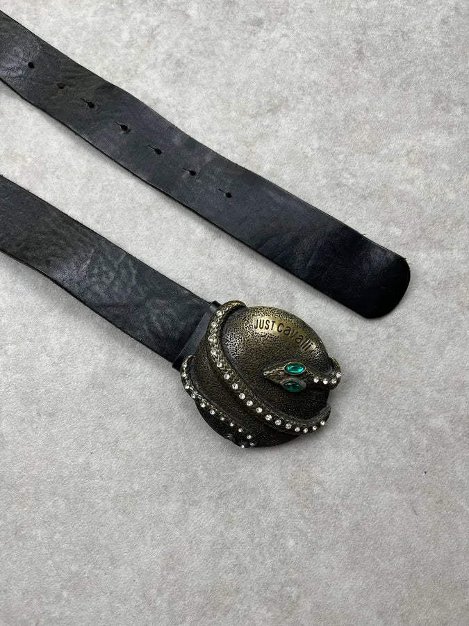 Cavalli Snake Turquoise Stones Buckle Black Leather Belt JLnwkLv 3