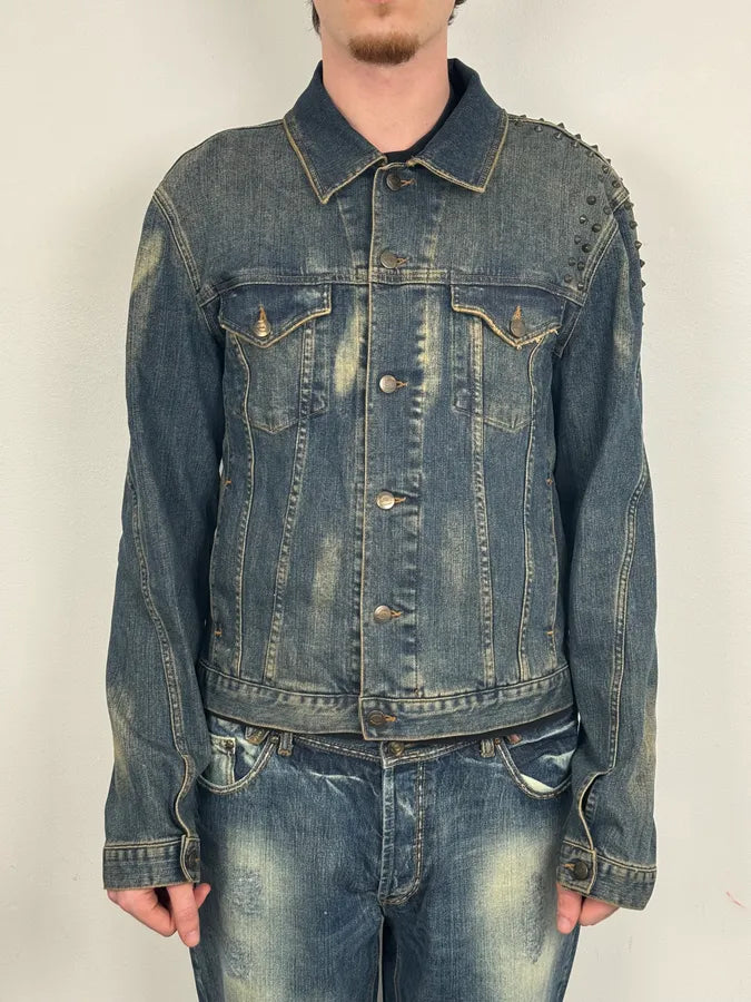 2000s Cavalli Blue Faded Studded Denim Jacket OsDNHak 1