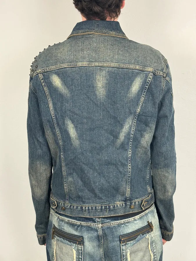 2000s Cavalli Blue Faded Studded Denim Jacket OsDNHak 2