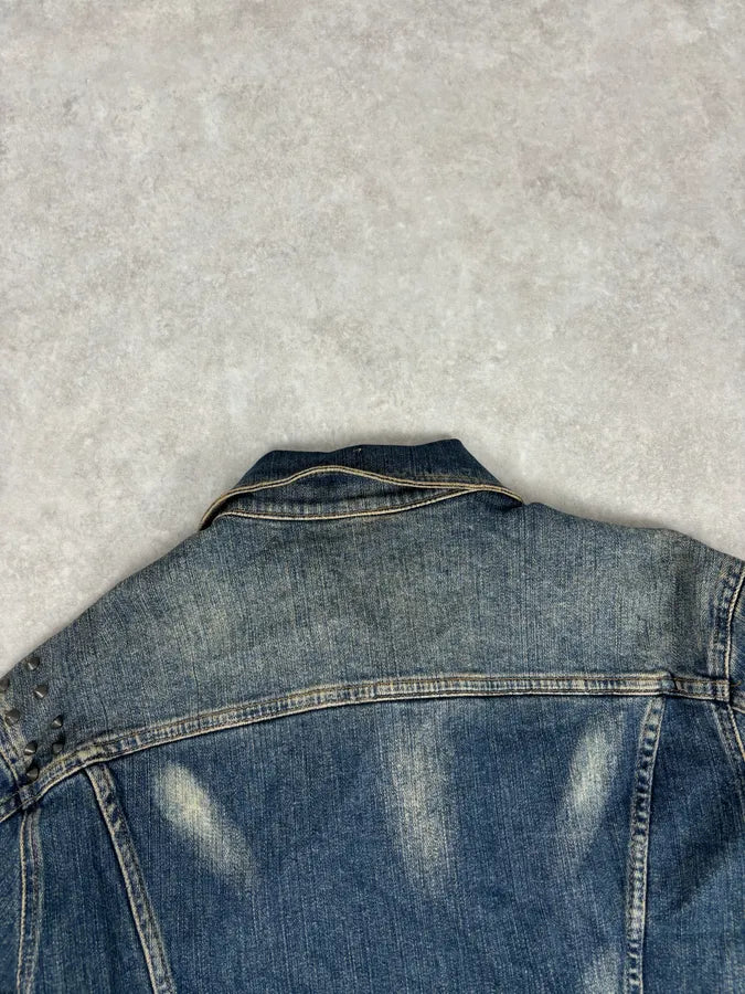2000s Cavalli Blue Faded Studded Denim Jacket OsDNHak 5