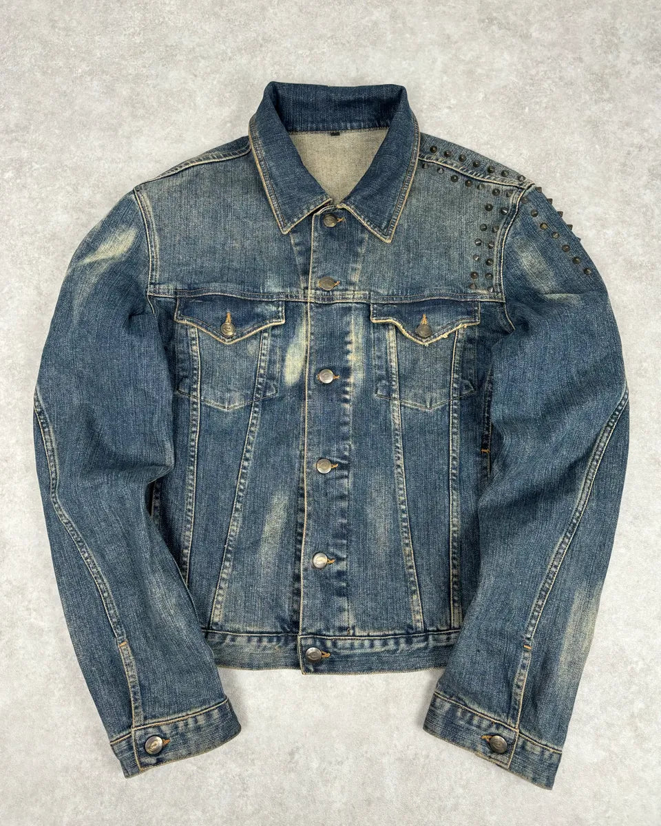 2000s Cavalli Blue Faded Studded Denim Jacket OsDNHak 0