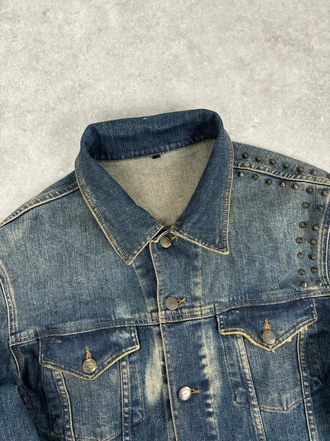 2000s Cavalli Blue Faded Studded Denim Jacket OsDNHak 3