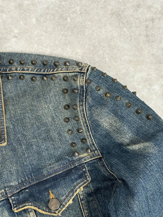 2000s Cavalli Blue Faded Studded Denim Jacket OsDNHak 7
