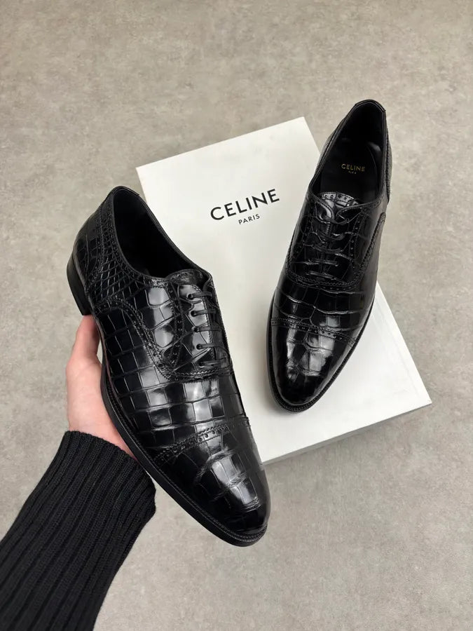 Celine Black Crocodile Alligator Leather Derby Shoes DMSDgQa 0