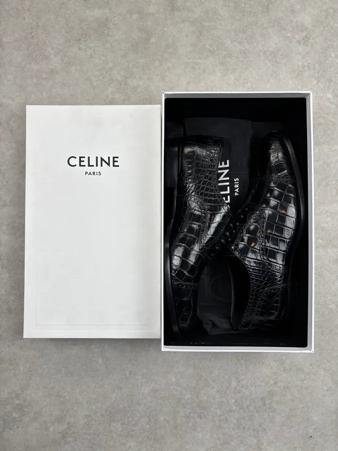 Celine Black Crocodile Alligator Leather Derby Shoes DMSDgQa 1