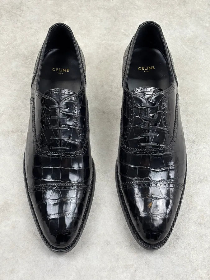 Celine Black Crocodile Alligator Leather Derby Shoes DMSDgQa 2