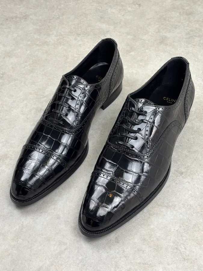Celine Black Crocodile Alligator Leather Derby Shoes DMSDgQa 3