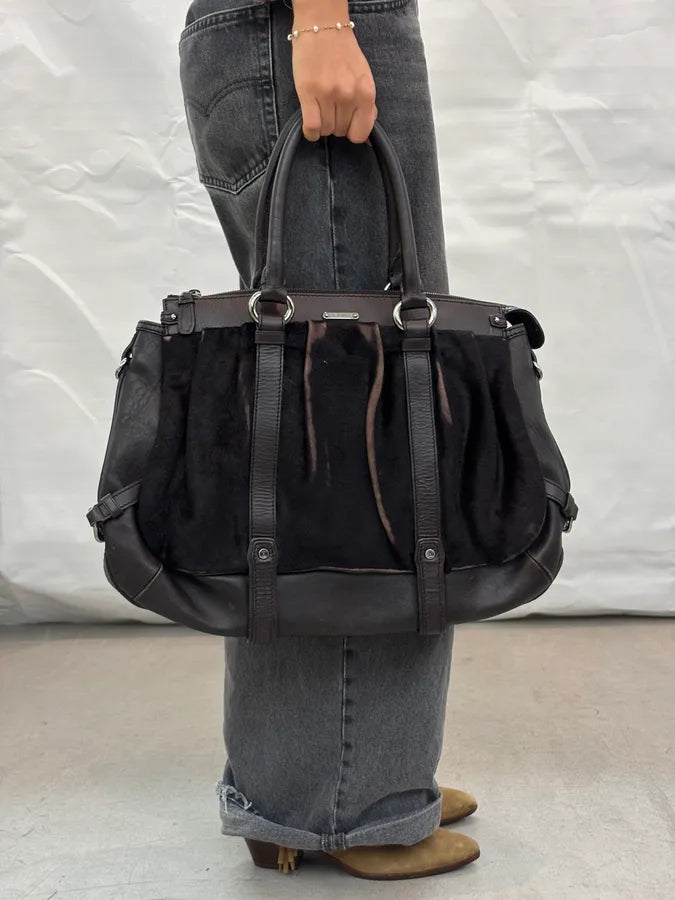 Celine Dark Brown Leather Pony Hair Handle Bag AxHtubs 1