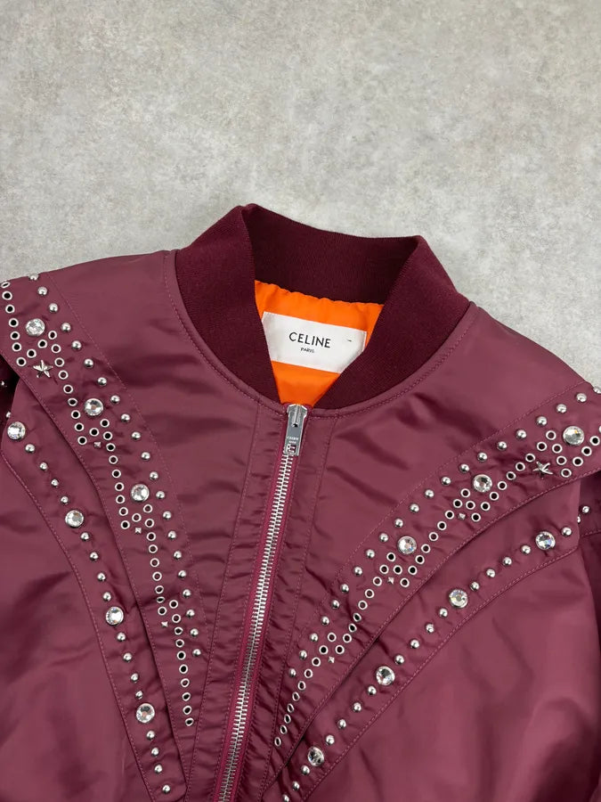 Celine Embroidered Bordeaux Nylon Bomber Jacket rcvvpcu 3