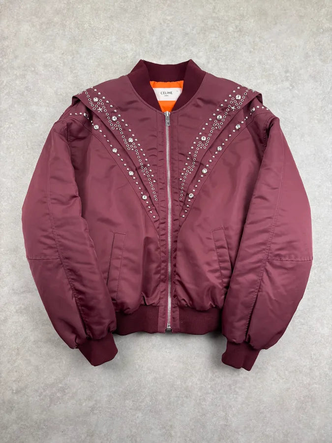 Celine Embroidered Bordeaux Nylon Bomber Jacket rcvvpcu 0