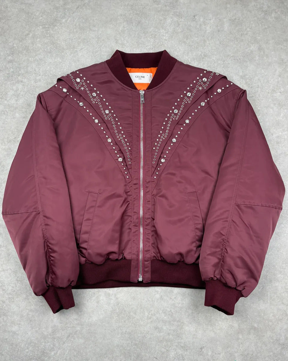 Celine Embroidered Bordeaux Nylon Bomber Jacket lbKmwdV 0