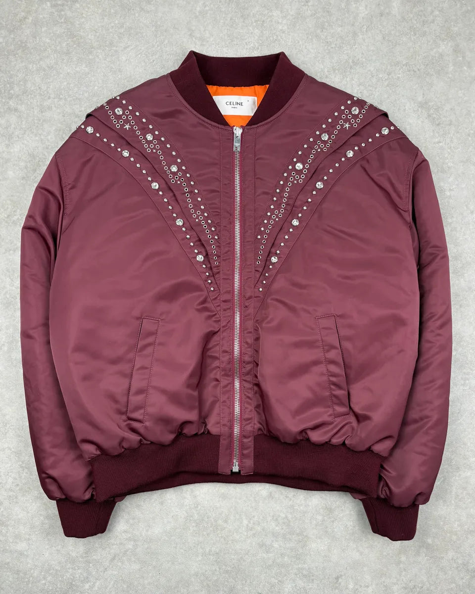 Celine Embroidered Bordeaux Nylon Bomber Jacket lbKmwdV 1