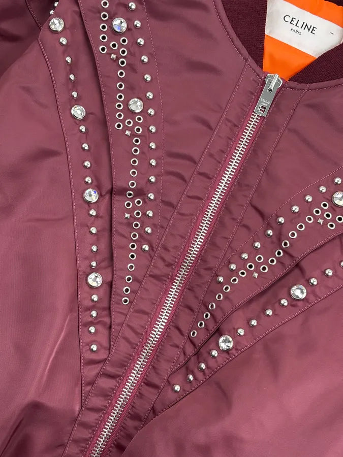 Celine Embroidered Bordeaux Nylon Bomber Jacket rcvvpcu 7