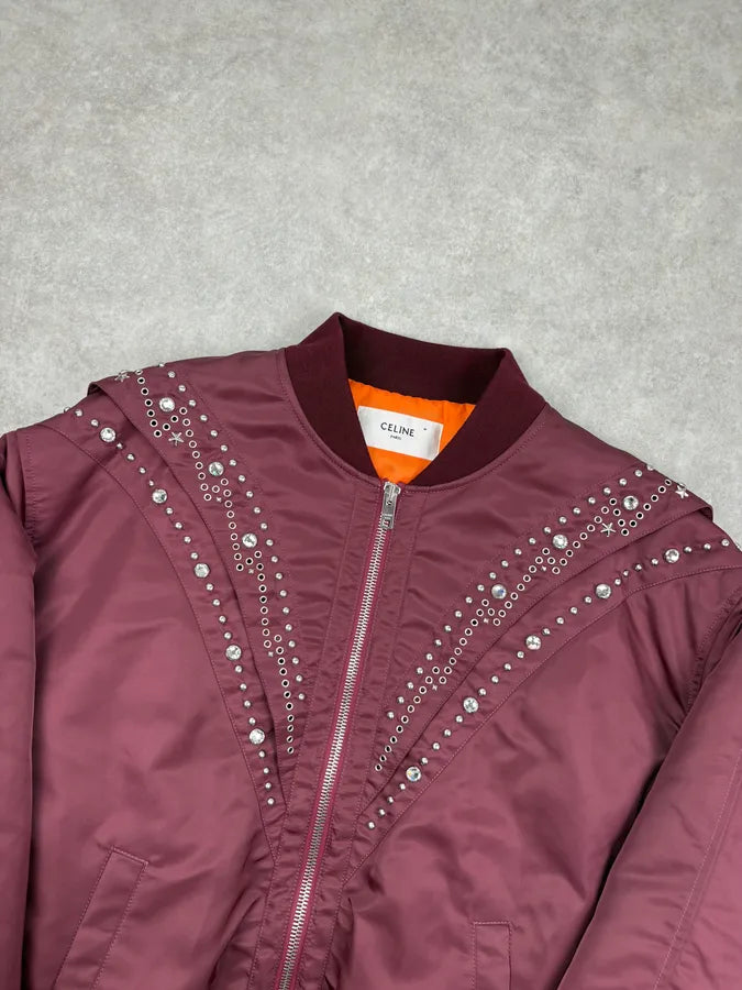 Celine Embroidered Bordeaux Nylon Bomber Jacket lbKmwdV 4