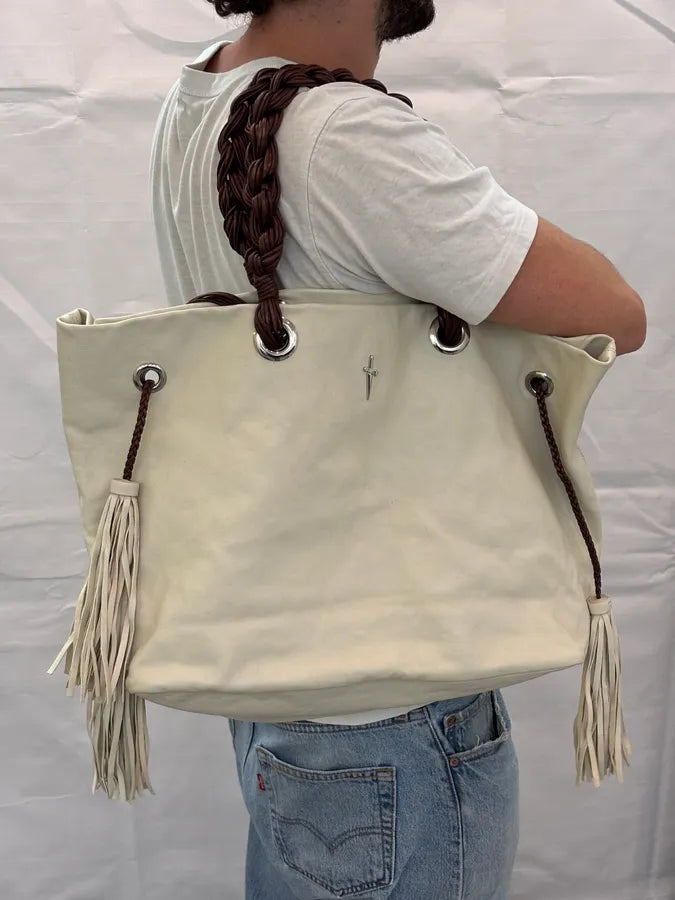 Cesare Paciotti Beige Leather Dagger Tassel Handle Bag pmLOGnW 1