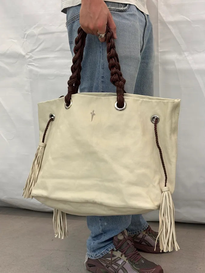 Cesare Paciotti Beige Leather Dagger Tassel Handle Bag pmLOGnW 2