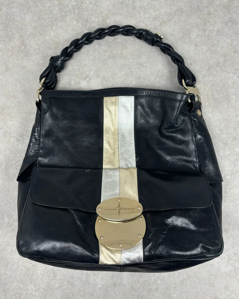 Cesare Paciotti Black Gold Stripe Leather Shoulder Bag OnwZFIL 1