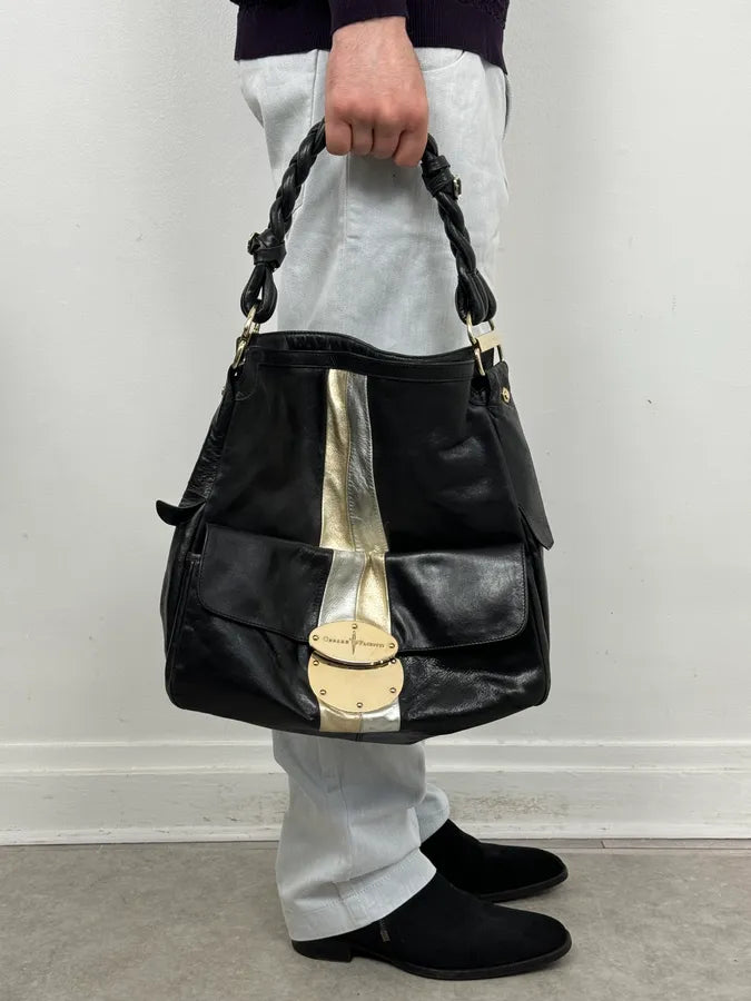 Cesare Paciotti Black Gold Stripe Leather Shoulder Bag OnwZFIL 0