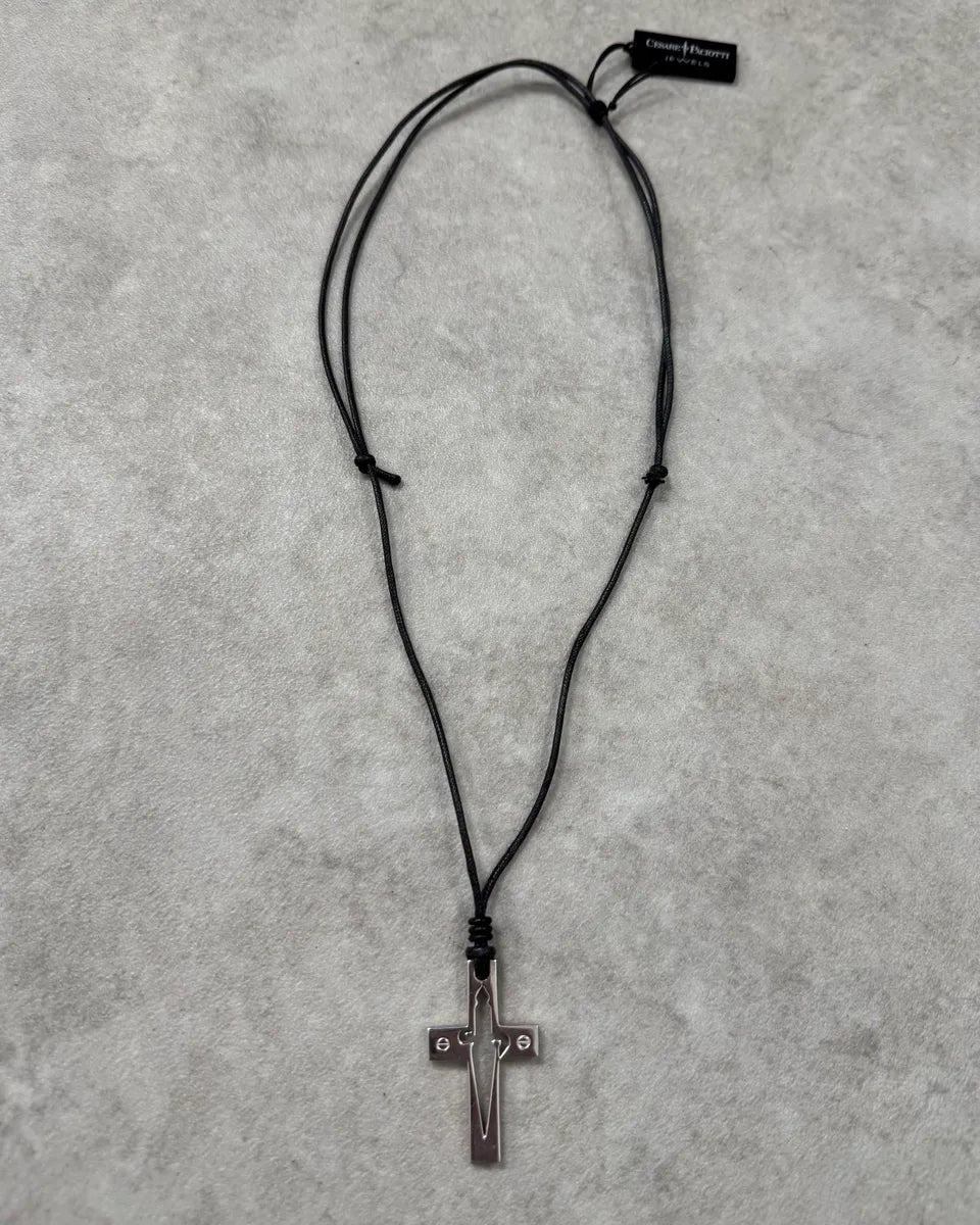 Cesare Paciotti Black Leather Stainless Still Dagger Pendant Adjustable Necklace TpFSbcv 0