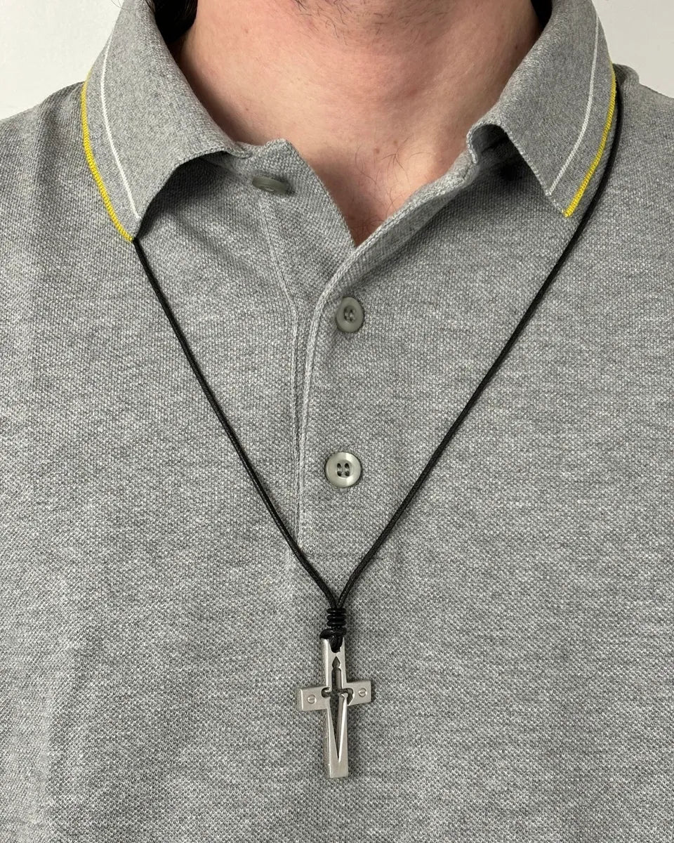 Cesare Paciotti Black Leather Stainless Still Dagger Pendant Adjustable Necklace TpFSbcv 1