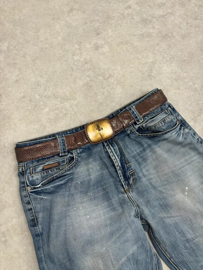 Cesare Paciotti Gold Dagger Buckle Brown Leather Belt  FMKwPmN 0