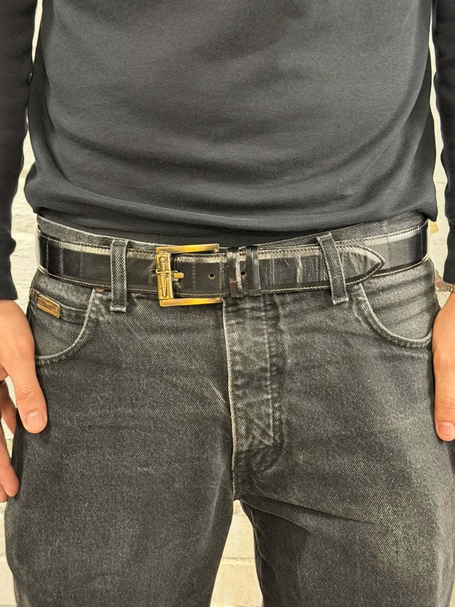 Cesare Paciotti Dagger Bronze Buckle Black Leather Belt vULeSWt 1