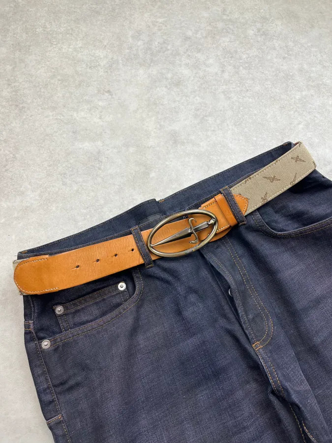 Cesare Paciotti Dagger Buckle Beige Canvas Belt LOwBZTN 1