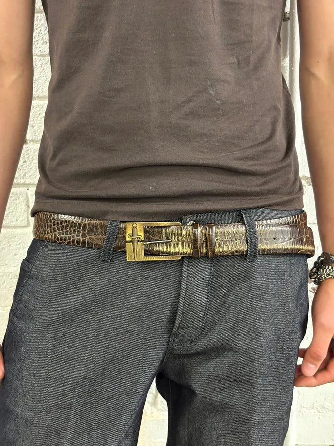 Cesare Paciotti Dagger Buckle Crocodile Effect Brown Leather Belt nlYoVvh 0