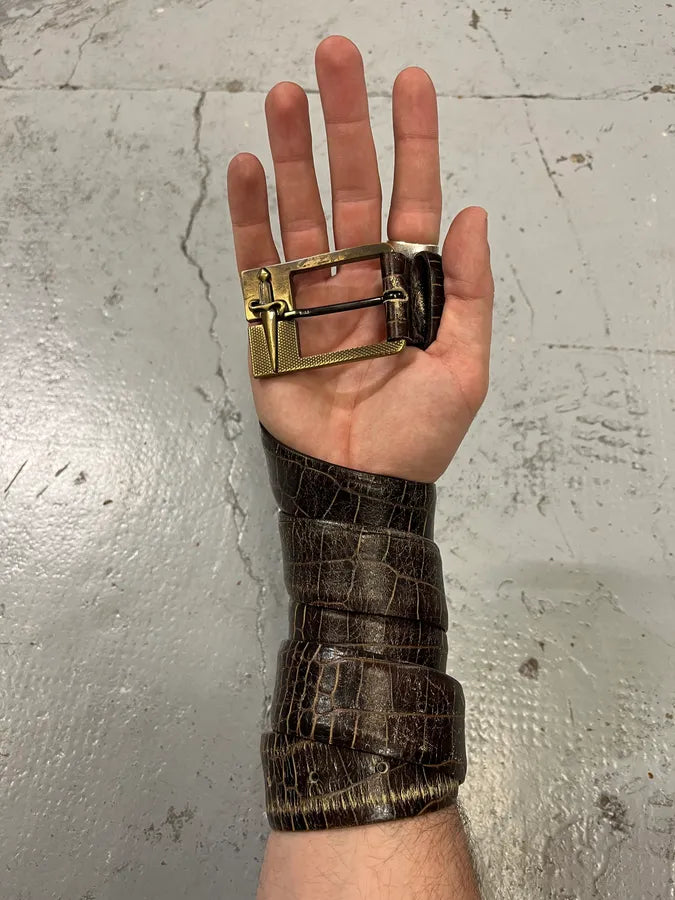 Cesare Paciotti Dagger Buckle Crocodile Effect Brown Leather Belt nlYoVvh 1