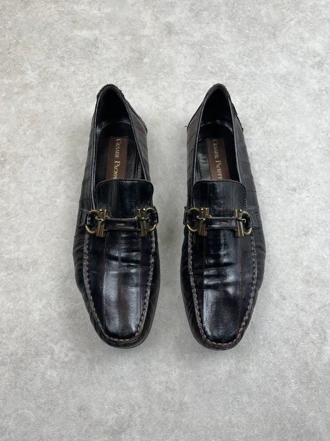 Cesare Paciotti Dark Brown Leather Plaid Loafers Shoes Qwcvxjv 1