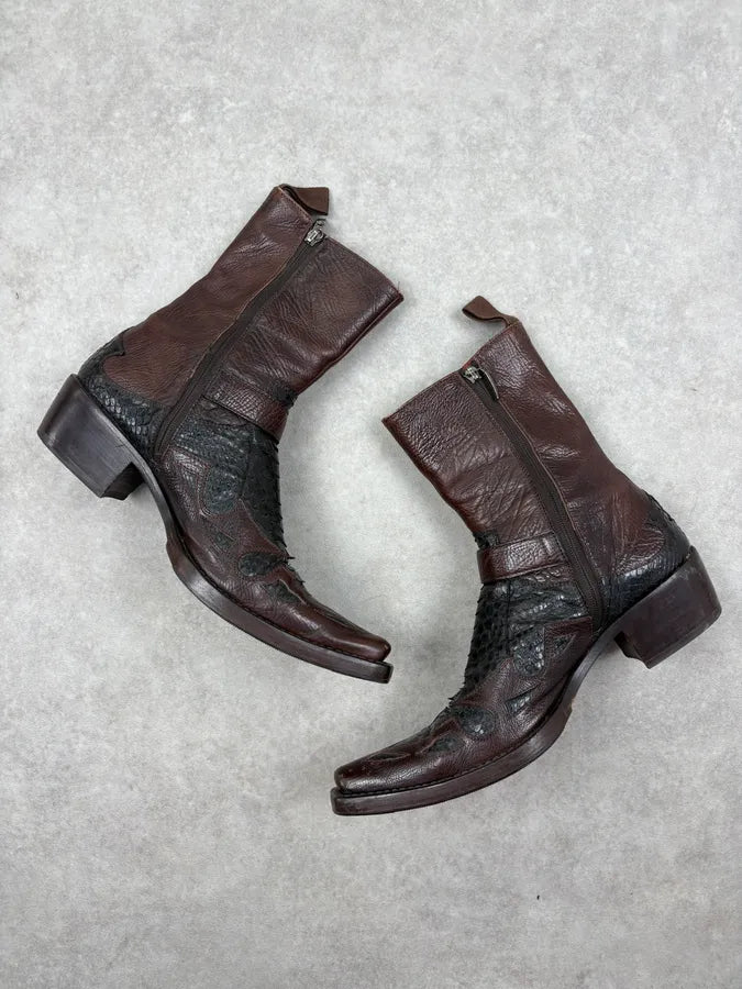 Cesare Paciotti Dark Brown Leather Western Embroidered Boots PTxlaJB 9