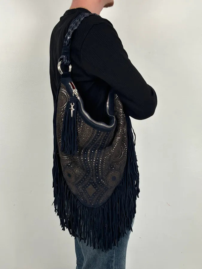 Cesare Paciotti Navy Leather Fringe Shoulder Bag mRyanfm 1