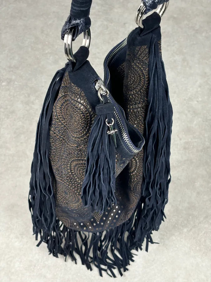 Cesare Paciotti Navy Leather Fringe Shoulder Bag mRyanfm 5