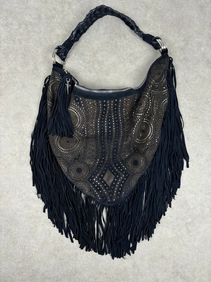 Cesare Paciotti Navy Leather Fringe Shoulder Bag mRyanfm 3