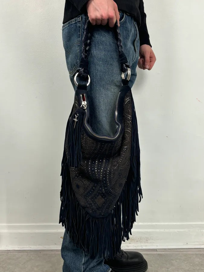 Cesare Paciotti Navy Leather Fringe Shoulder Bag mRyanfm 2