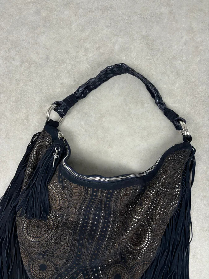 Cesare Paciotti Navy Leather Fringe Shoulder Bag mRyanfm 4