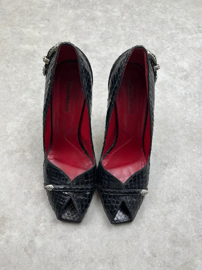 Cesare Paciotti Python Silver Buckle Black Leather Heels lUHJNiW 5