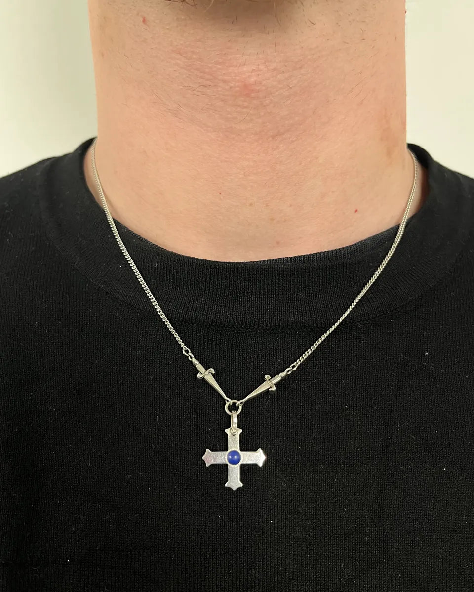 Cesare Paciotti Silver Cross Pendant with Blue Stone Silver Necklace YJTicep 1