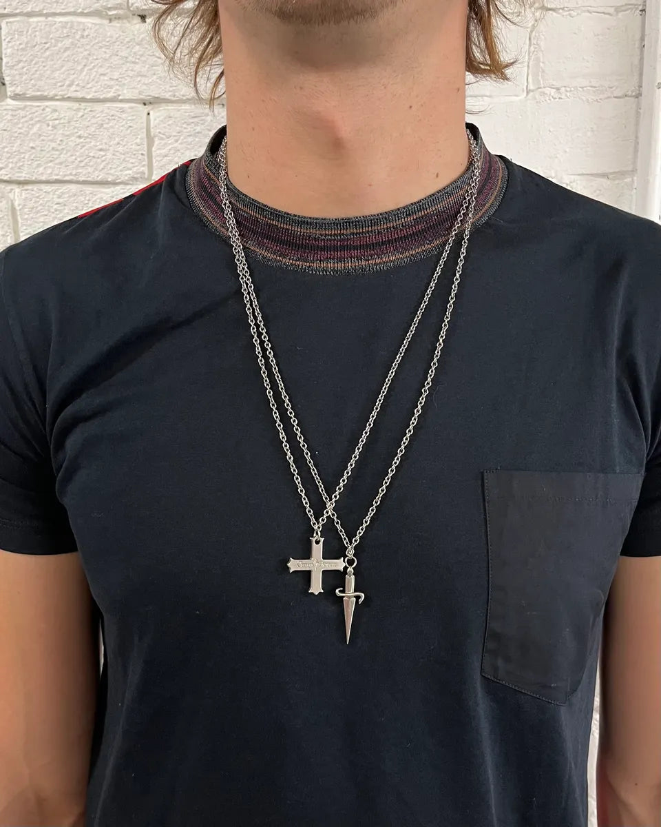 Cesare Paciotti Steel Double Chain Cross & Sword Necklace QTUvkEL 0