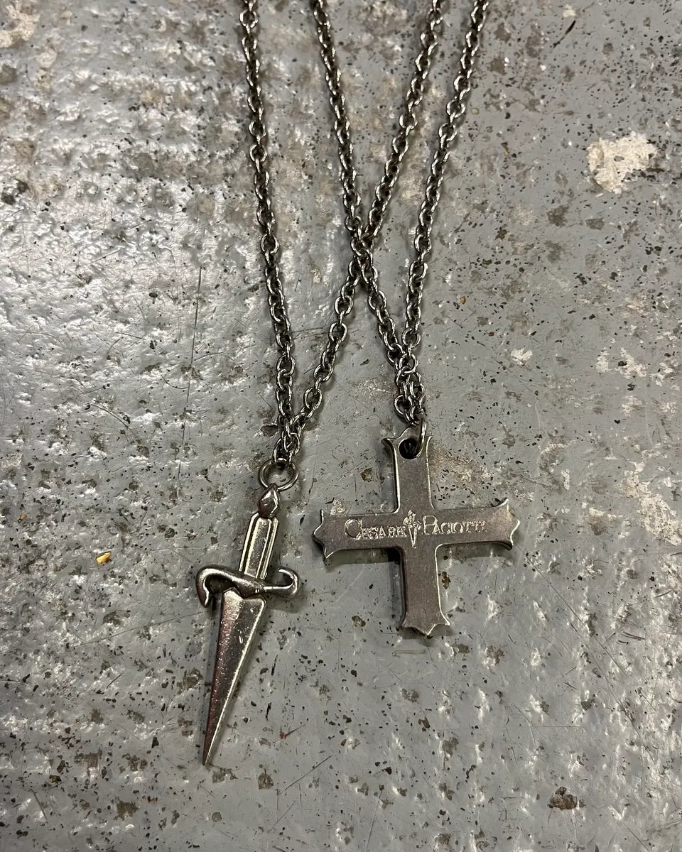 Cesare Paciotti Steel Double Chain Cross & Sword Necklace QTUvkEL 4