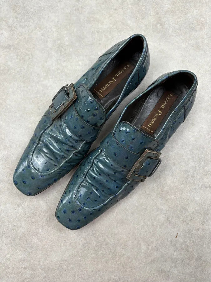 Cesare Paciotti Turquoise Oastrich Embossed Leather Loafer Shoes rbLYaLn 2