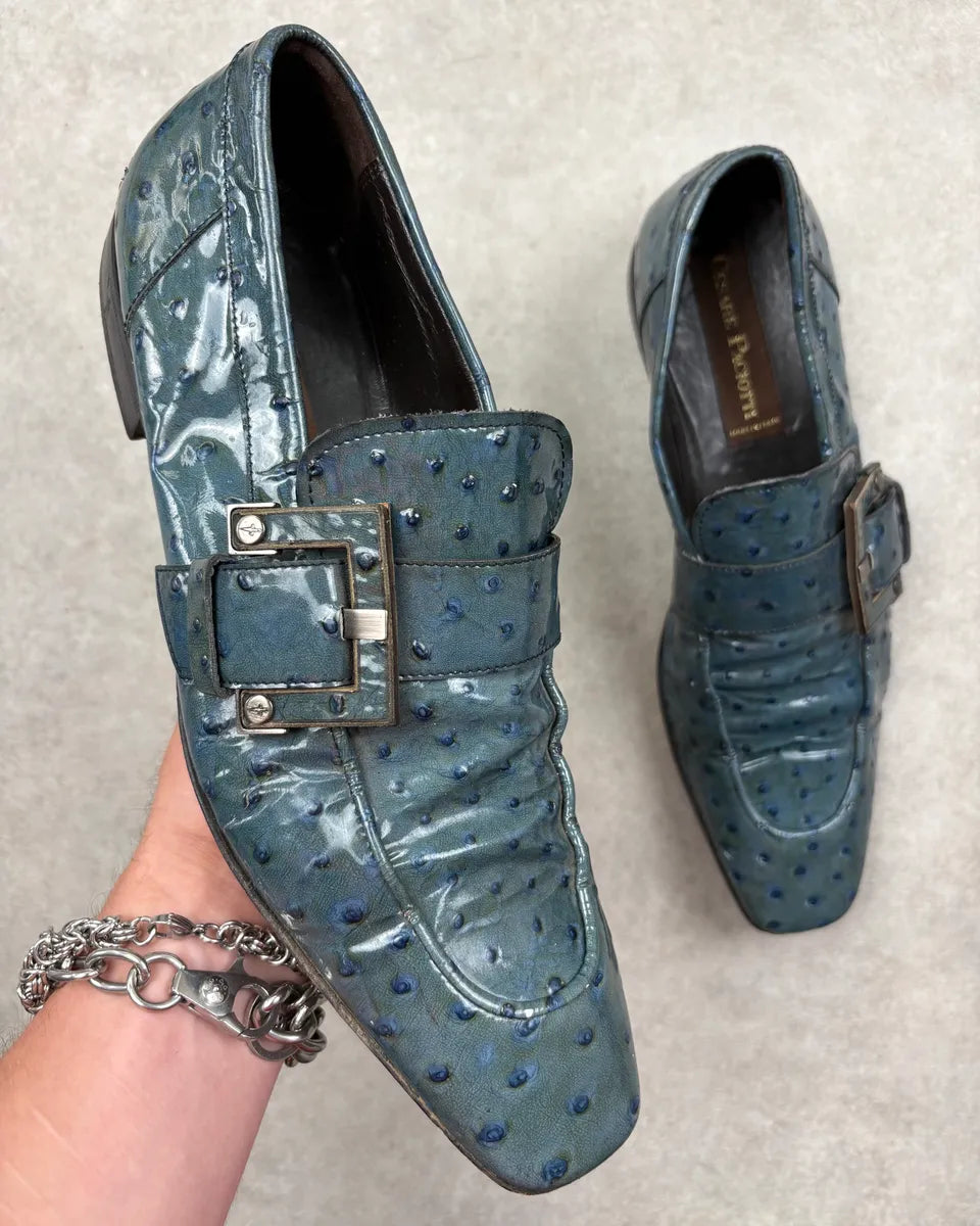 Cesare Paciotti Turquoise Oastrich Embossed Leather Loafer Shoes rbLYaLn 0